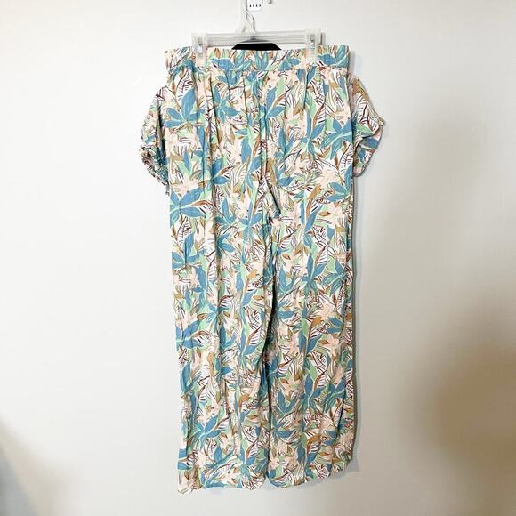 Roxy leaf tropical floral print crop top puff sleeve wide leg pant set medium - Picture 2 of 14